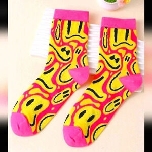 Melting smiley face psychedelic pink yellow crew socks black funny unique colors